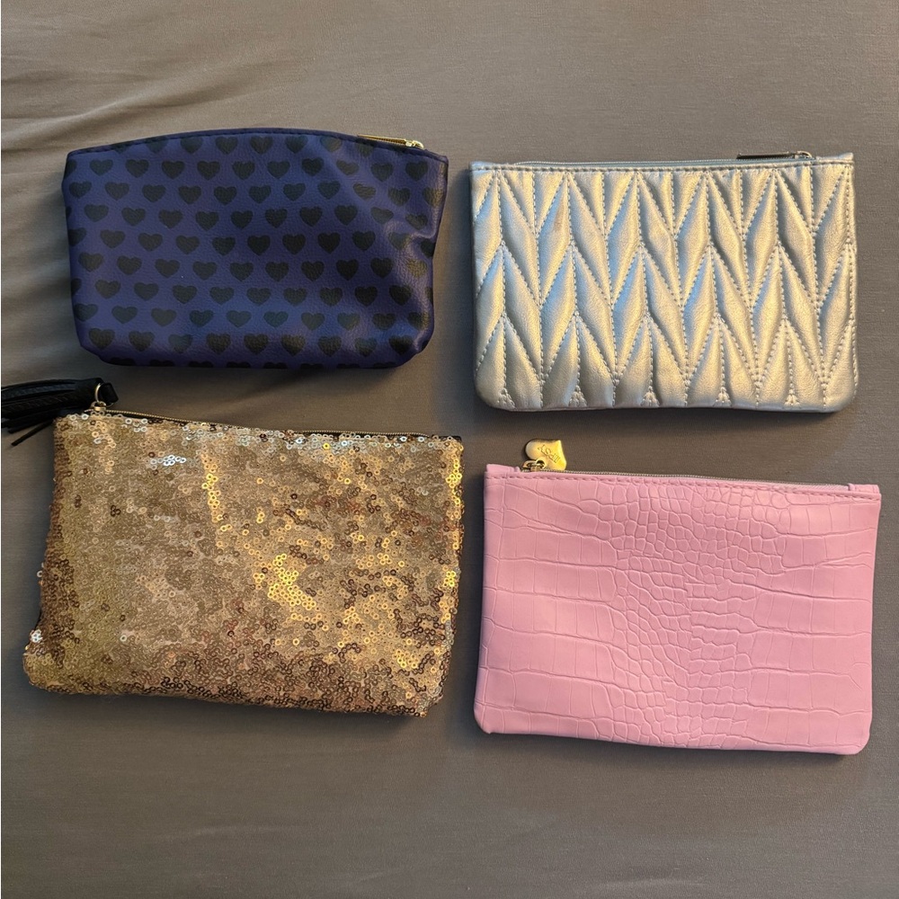Four 4 Ipsy bags, silver embossed, gold sequins, purple black hearts, pink snake